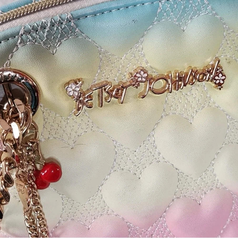 EUC Betsy Johnson Quilted Rainbow Heart Shoulder Bag Cherry Bag Charm In… - Picture 2 of 9